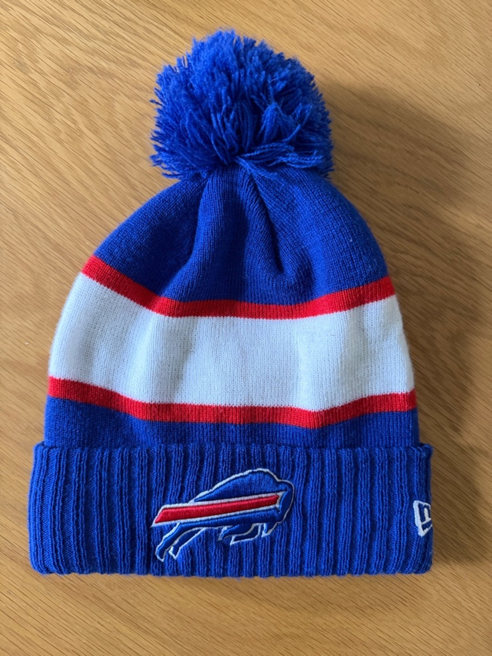 New Era Blue, White and Red Pom Knit Beanie